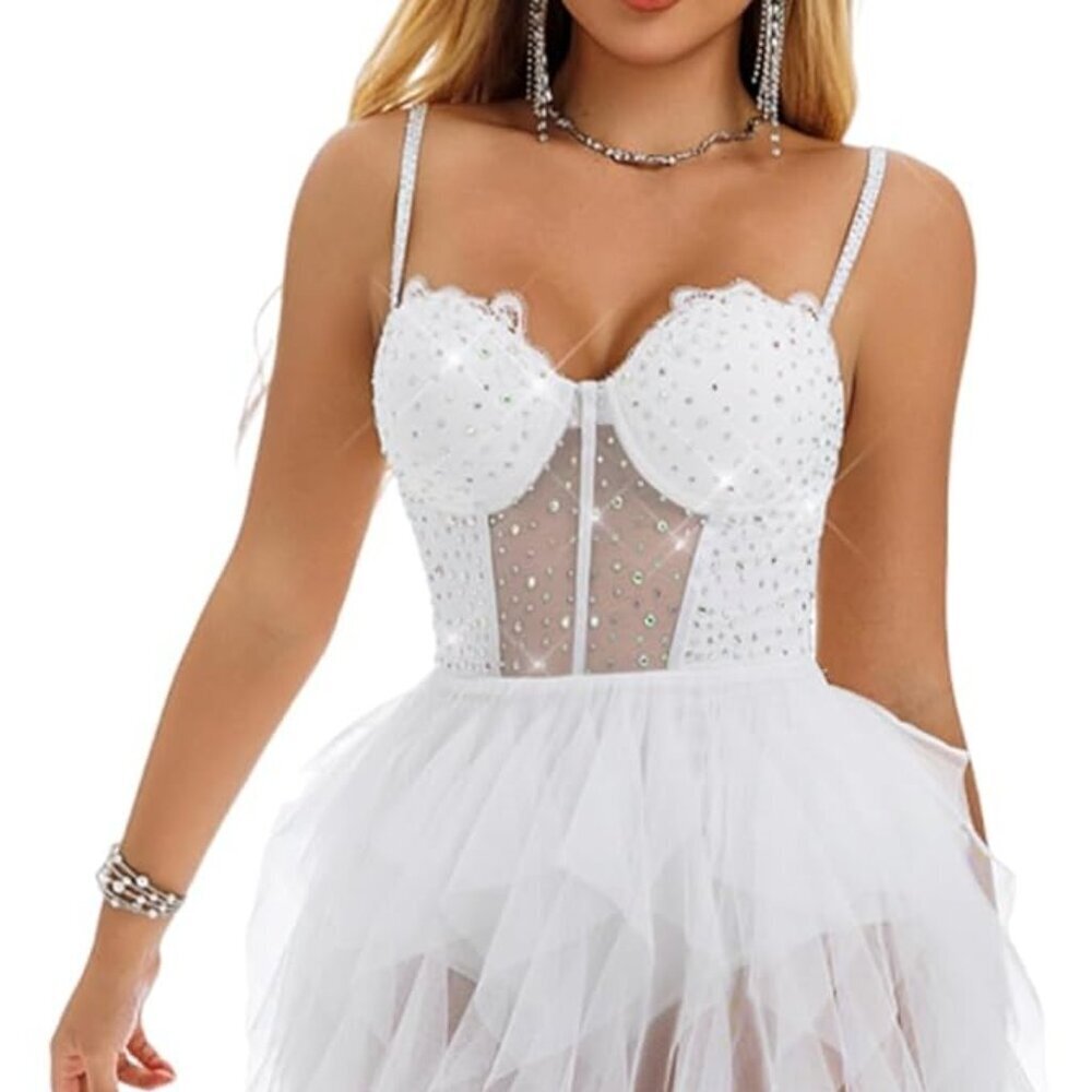 NWT! White Tulle Party Dress A Line High-Low Ruffled Fit w Corset Top Size L/12 - Picture 3 of 4